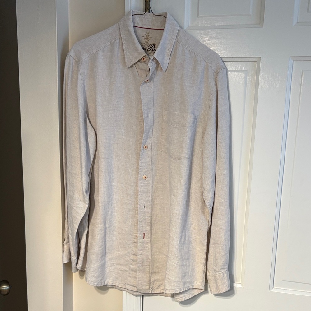 Tommy Bahama/Indigo Palms vintage Men's Beige Button-Up linen Shirt-Medium